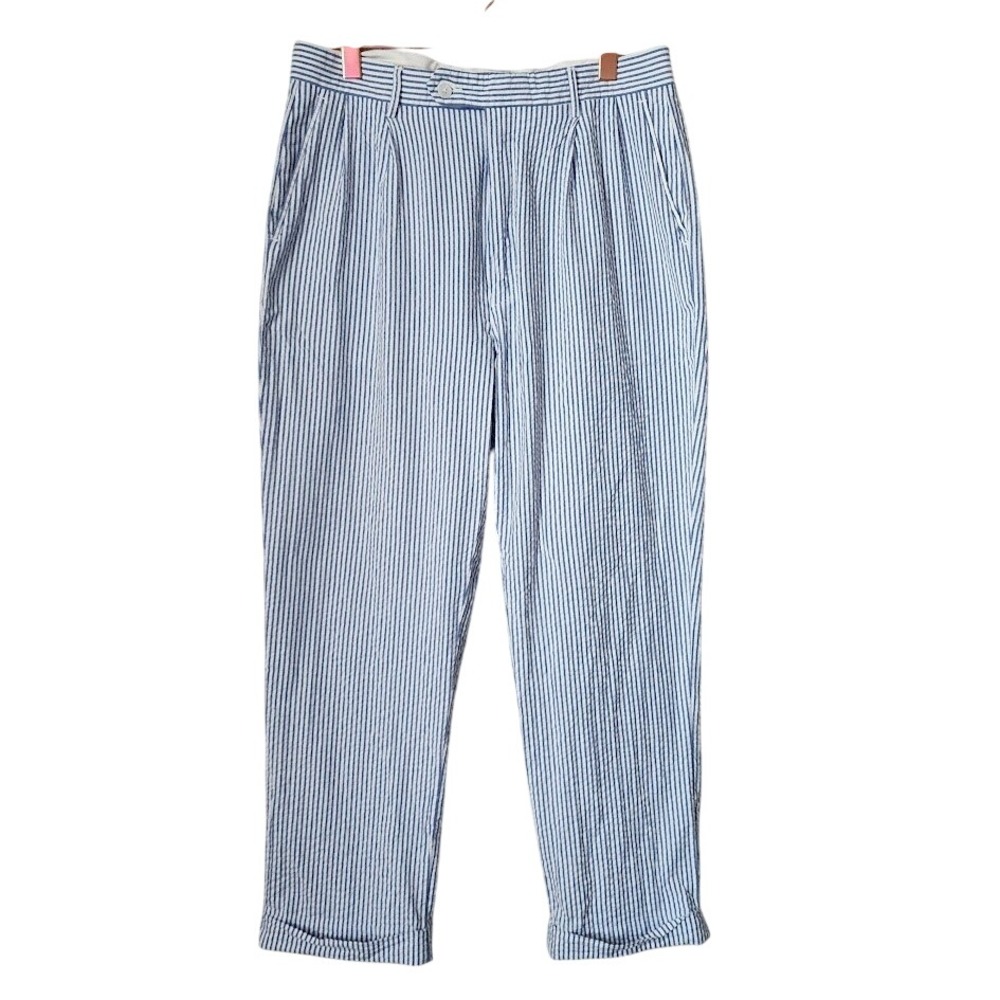 GARRET SCOTT Pleated Cuffed Seersucker pants Nautical preppy blue white 36R